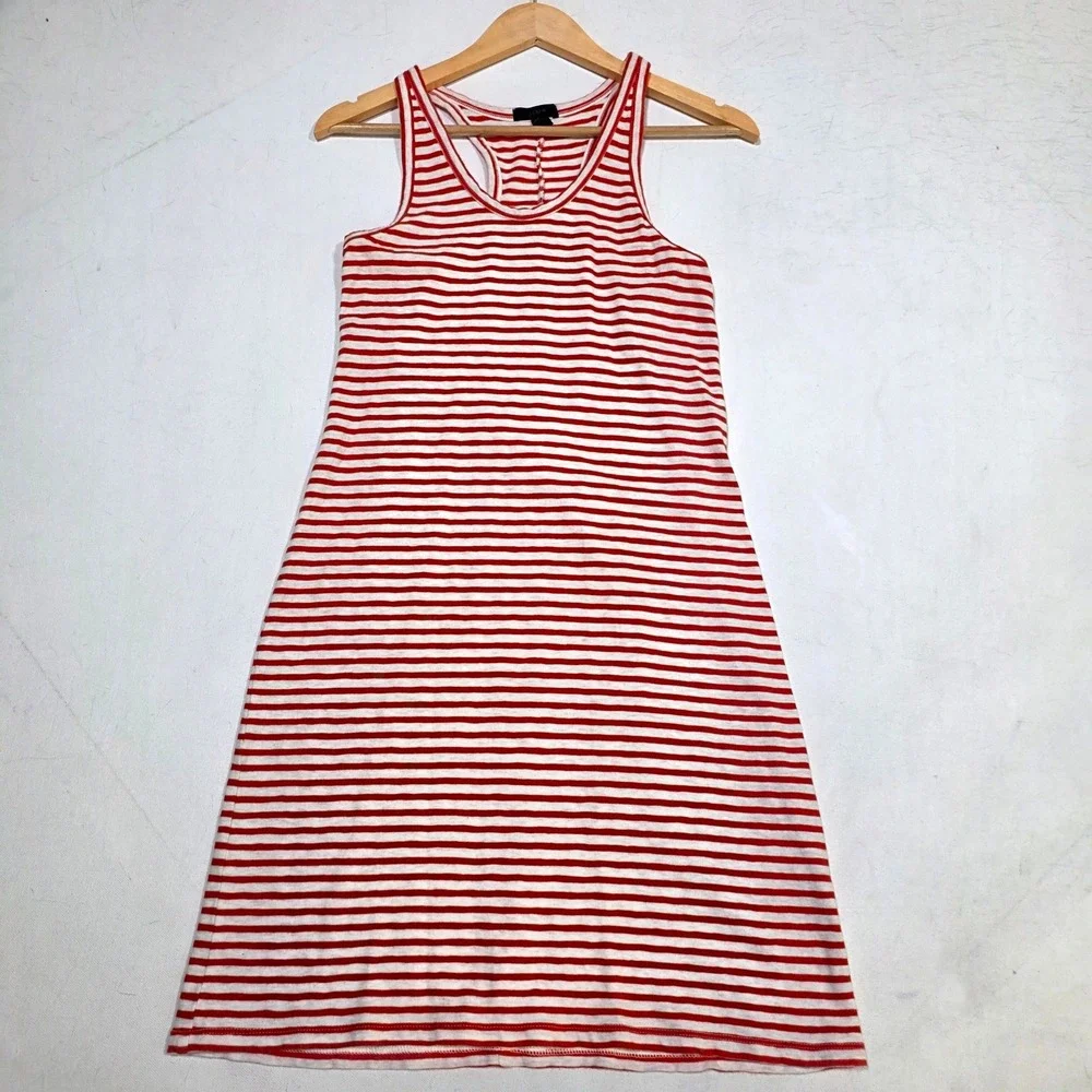 J. Crew Tank Dress Womens Small Red White Striped Racerback Summer Mini Casual